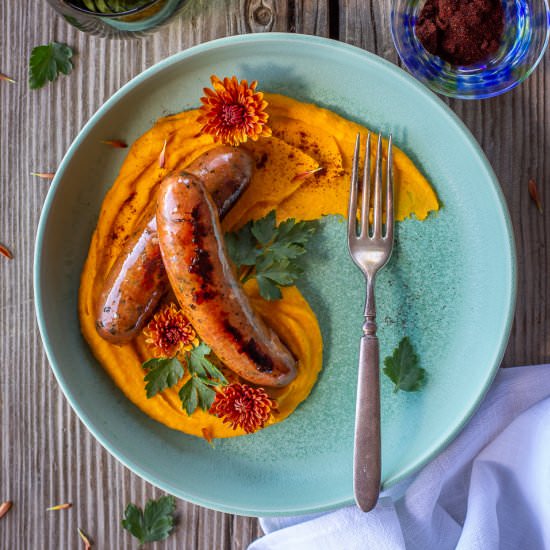 Sausage with Chipotle Kabocha Puree - Recipe photo by primalwellnesscoach