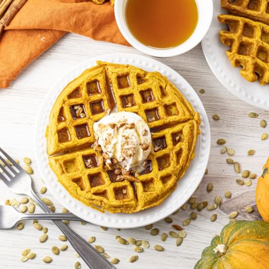 Pumpkin Waffles - Recipe photo by feedingyourfam