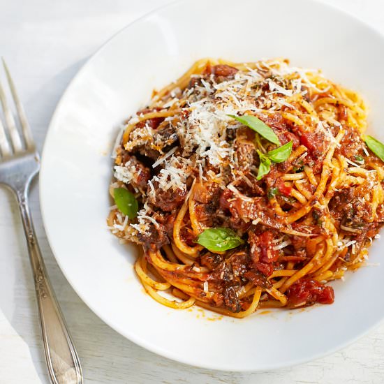 Vege Bolognese with "bacon bits' - Recipe photo by Flaevor