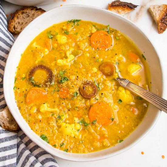 Vegan Cauliflower Red Lentil Soup - Recipe photo by Debra Klein