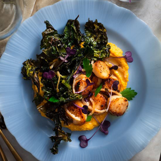 Seared Scallops w Butternut Mash - Recipe photo by rhubarbandcod