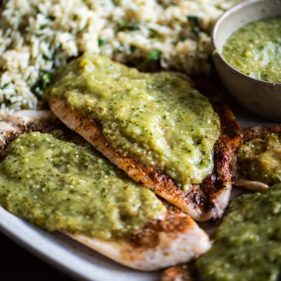 Salsa Verde Flounder with Rice - Recipe photo by dudethatcookz