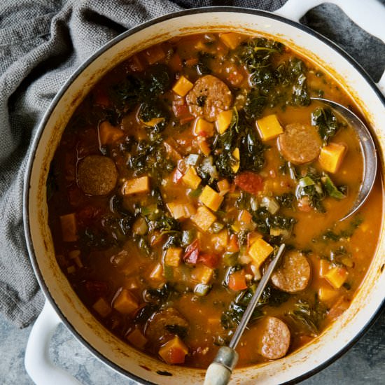 Chorizo Kale Sweet Potato Stew - Recipe photo by fromachefskitchen