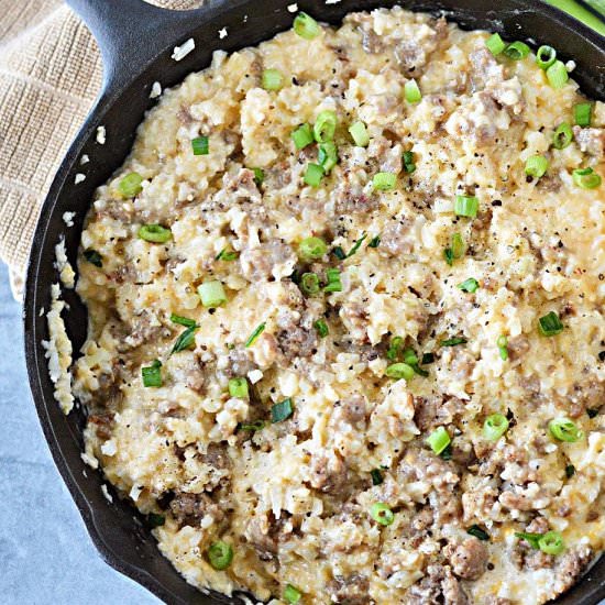 CHEESY KETO CAULI RICE & SAUSAGE - Recipe photo by Stylish Cravings