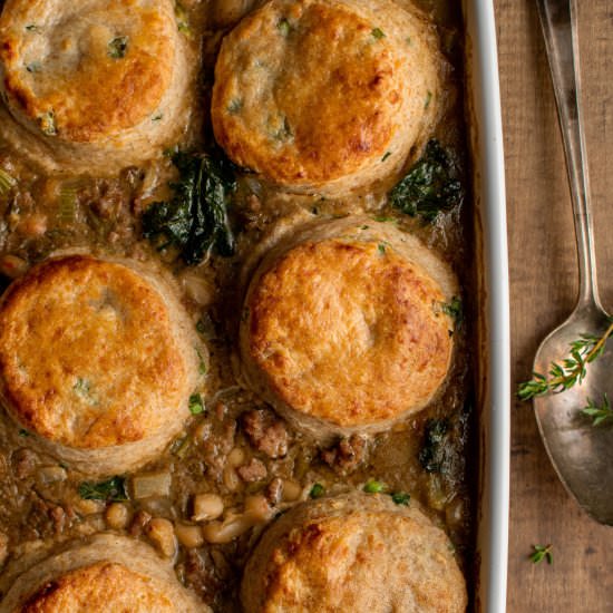 White turkey chili biscuit pot pie - Recipe photo by cherryonmysundae