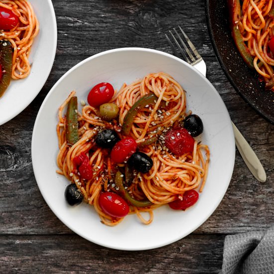 Olive and dukkah pasta - Recipe photo by Searchingforspice