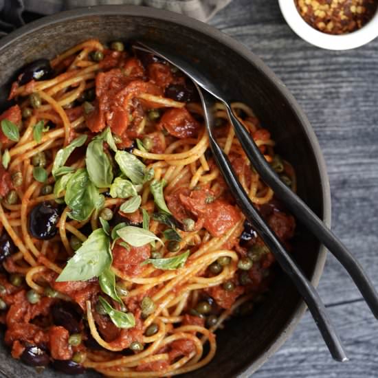 Spaghetti Alla Puttanesca - Recipe photo by simmerandsauce