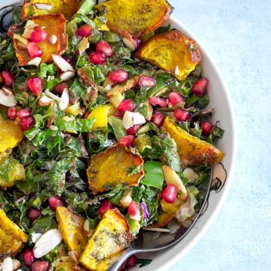 Warm Kale Salad with pomegranate - Recipe photo by healingtomato