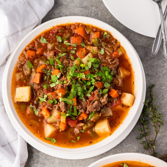 Stovetop Hamburger Soup - Recipe photo by chelseajoyeats