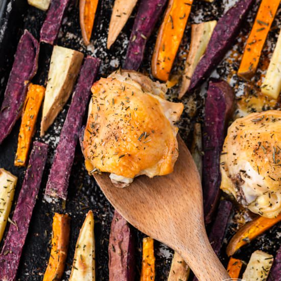 Chicken Thighs & Sweet Potato Fries - Recipe photo by chelseajoyeats