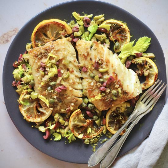 Pan-seared cod with lemon and olive - Recipe photo by marilenaskitchen