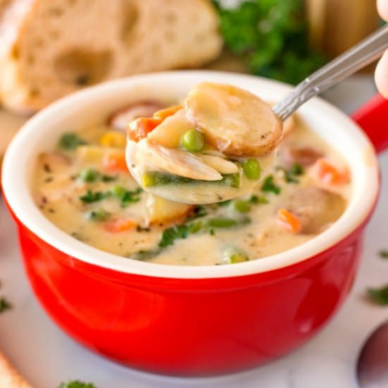 Cheesy Chicken Potato Soup - Recipe photo by noshingwiththenolands