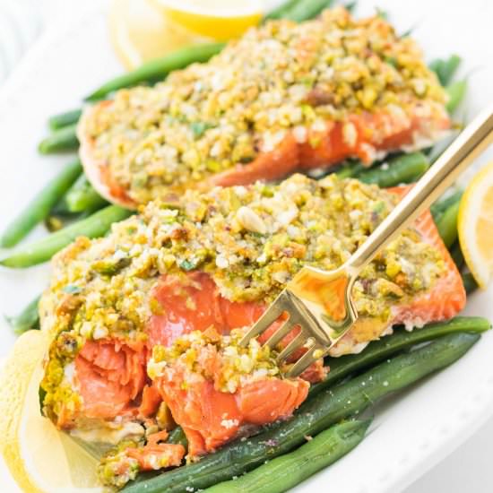 Pistachio & Parmesan Crusted Salmon - Recipe photo by beyondthenoms