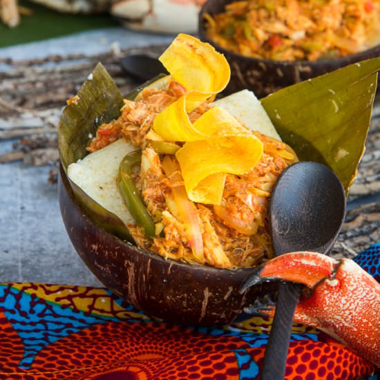 Stewed Crab w/Coconut Grits Cakes - Recipe photo by senseandedibility