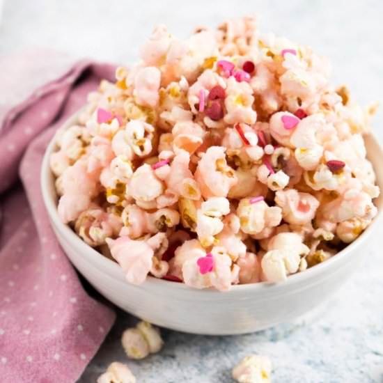 Valentine's Day Pink Popcorn - Recipe photo by noshingwiththenolands