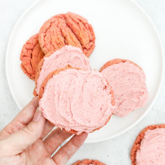 Frosted Strawberry Sugar Cookies - Recipe photo by DoughEyedBlog