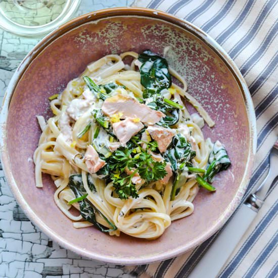 Creamy Trout and Spinach Pasta - Recipe photo by Farmersgirlkitchen