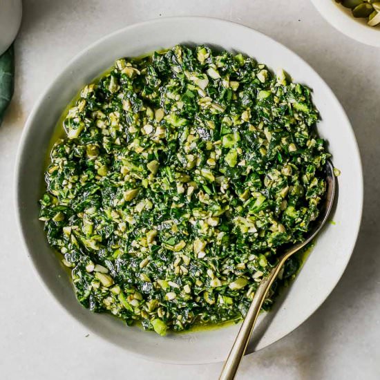Brussels Sprouts Tops Pesto - Recipe photo by forkintheroad