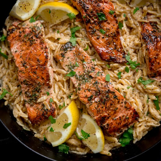 Salmon with Creamy Lemon Orzo - Recipe photo by KitchenSanctuary
