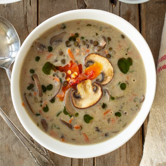 Creamy Mushroom Lentil Soup - Recipe photo by tenpoundcakecompany