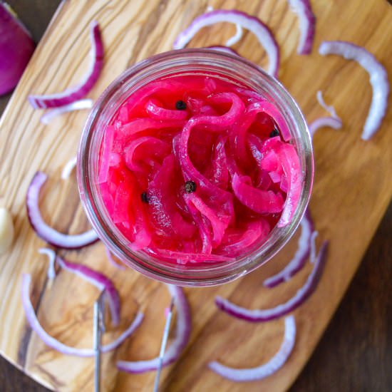 Quick Pickled Red Onions - Recipe photo by wholemadeliving