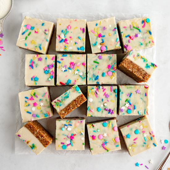 No-Bake Funfetti Cheesecake Bars - Recipe photo by purelykaylie