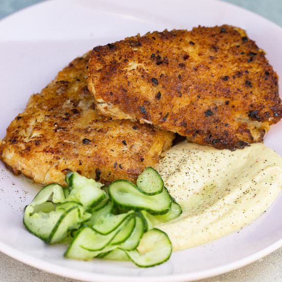 Harissa Crumbed Fish with Hummus - Recipe photo by Flaevor