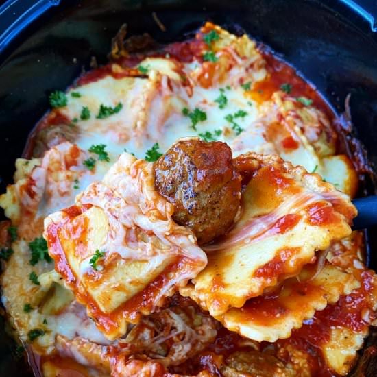 Cheesy Ravioli Meatball Casserole - Recipe photo by FitSlowCookerQueen