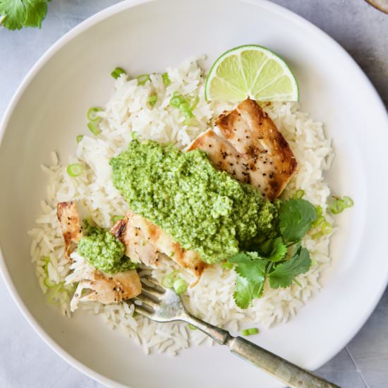 Mahi-Mahi w/ Cilantro-Ginger Pesto - Recipe photo by fromachefskitchen