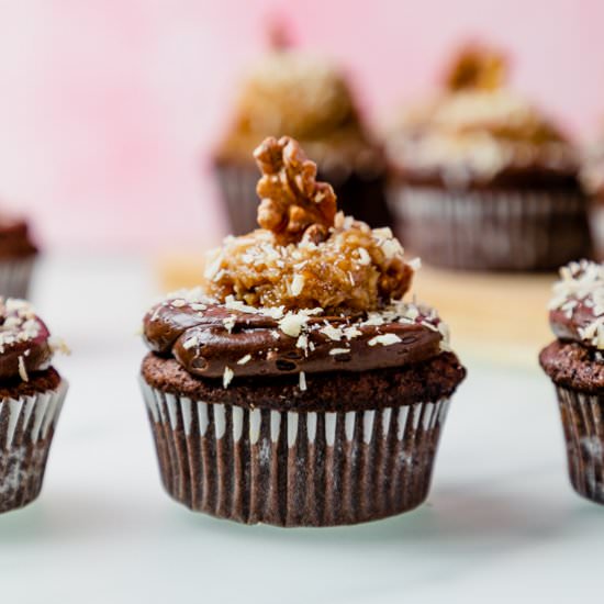 GF German Chocolate Cupcakes - Recipe photo by ScienceandCrumbs