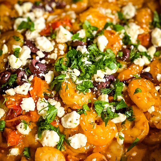 Saucy Shrimp with Feta and Olives - Recipe photo by Sweet Simple Masala