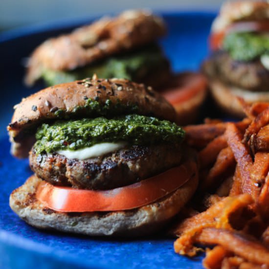 Turkey Burgers w. Basil Vinaigrette - Recipe photo by jenna@heavenlyspiced.com