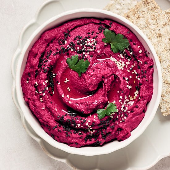 Roasted Beet Hummus w/Horseradish - Recipe photo by Resplendent Kitchen