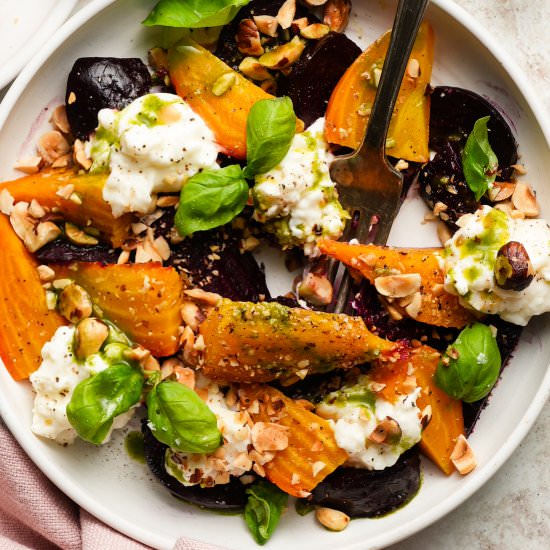 Beets with Burrata and Hazelnuts - Recipe photo by lindseyeatsla