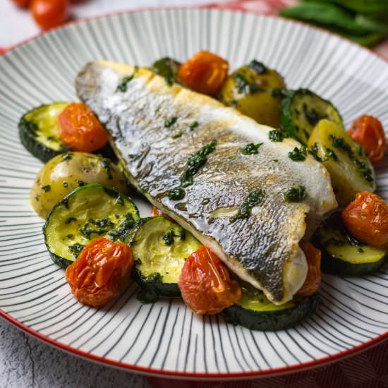 Pan-Fried Sea Bass with Basil Pesto - Recipe photo by somebodyfeedseb