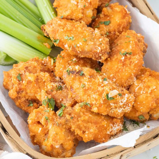 Garlic Parmesan Buffalo Wings - Recipe photo by beyondthenoms