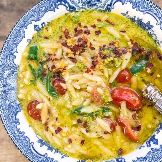 Pesto Lemon Orzo Soup! - Recipe photo by The Mediterranean Dish