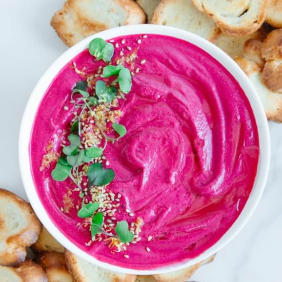 Best Ever Creamy Beet Hummus - Recipe photo by eatingbyelaine
