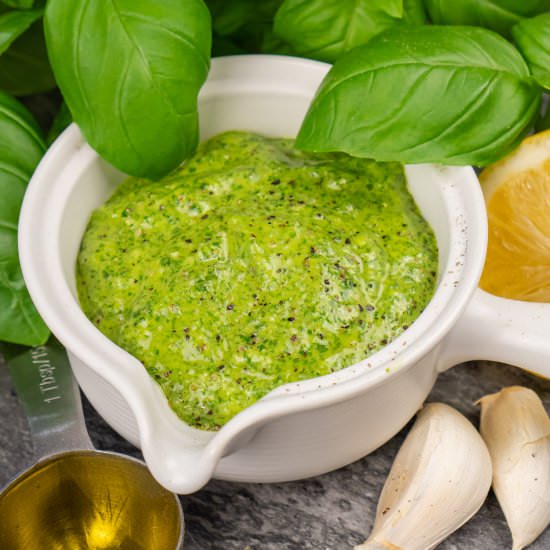 Nut Free Pesto Basil Sauce - Recipe photo by Flawless Food