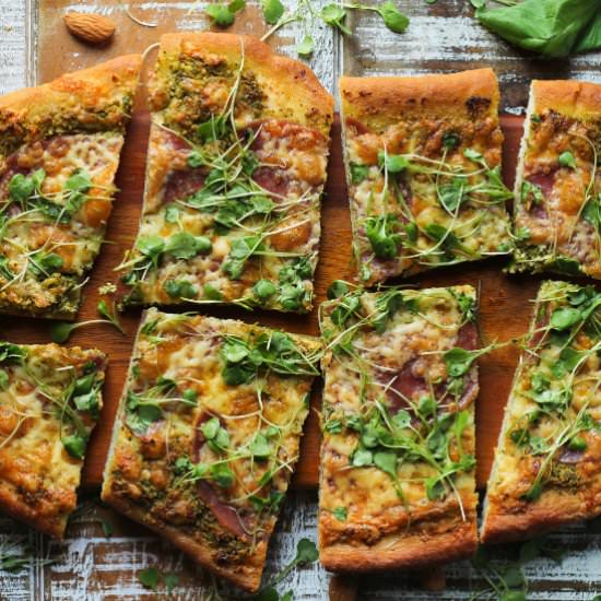 Salami + Goat Cheese Pesto Flatbrea - Recipe photo by jenna@heavenlyspiced.com