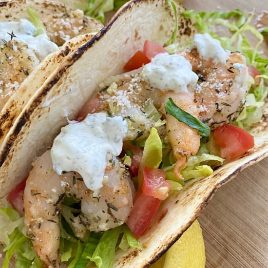 Mediterranean Shrimp Tacos - Recipe photo by amycaseycooks