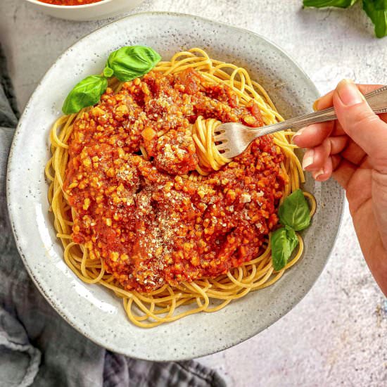 Easy Vegan Spaghetti & "Meat" Sauce - Recipe photo by No Sweat Vegan