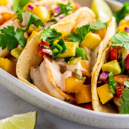 Shrimp Tacos with Mango Salsa - Recipe photo by PinchandSwirl