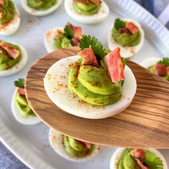 Easy Bacon Avocado Deviled Eggs - Recipe photo by Whiskfulcooking