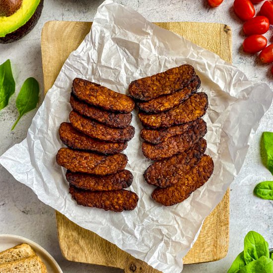 Air Fryer Tempeh Bacon - Recipe photo by No Sweat Vegan