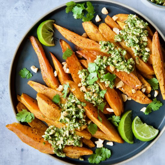 Sweet Potato Wedges Cilantro Sauce - Recipe photo by fromachefskitchen