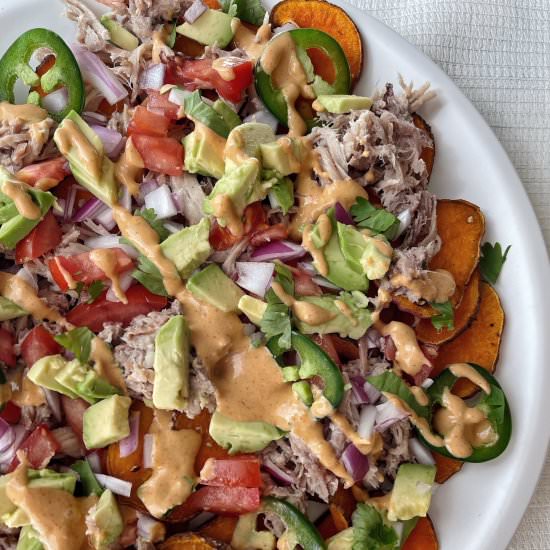 Pulled Pork Sweet Potato Nachos - Recipe photo by HungryBlonde