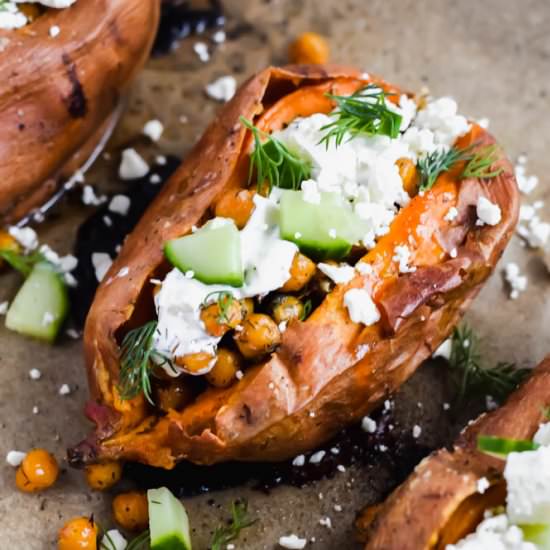 Baked Mediterranean Sweet Potatoes - Recipe photo by apaigeofpositivity