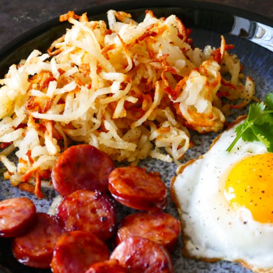Frozen Hashbrowns in Air Fryer - Recipe photo by PaintTheKitchenRed