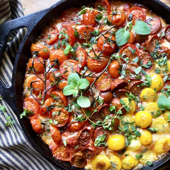 loaded tomatoes cast iron pizza - Recipe photo by ahintofrosemary